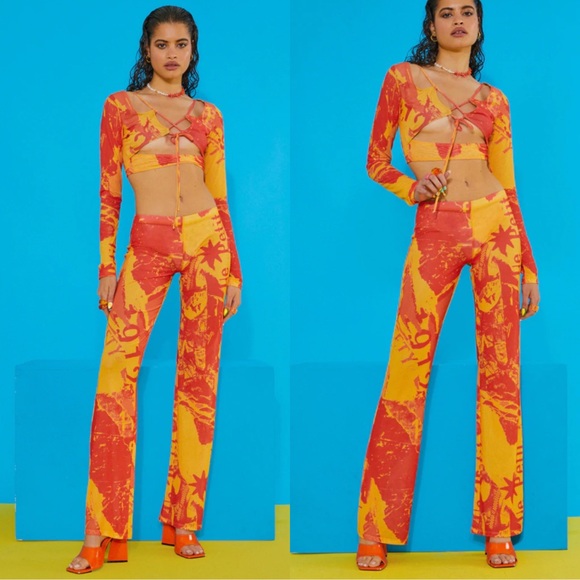 Jaded ORANGE TONAL RIPPED MAGAZINE PRINT MESH SET XS - Picture 1 of 5